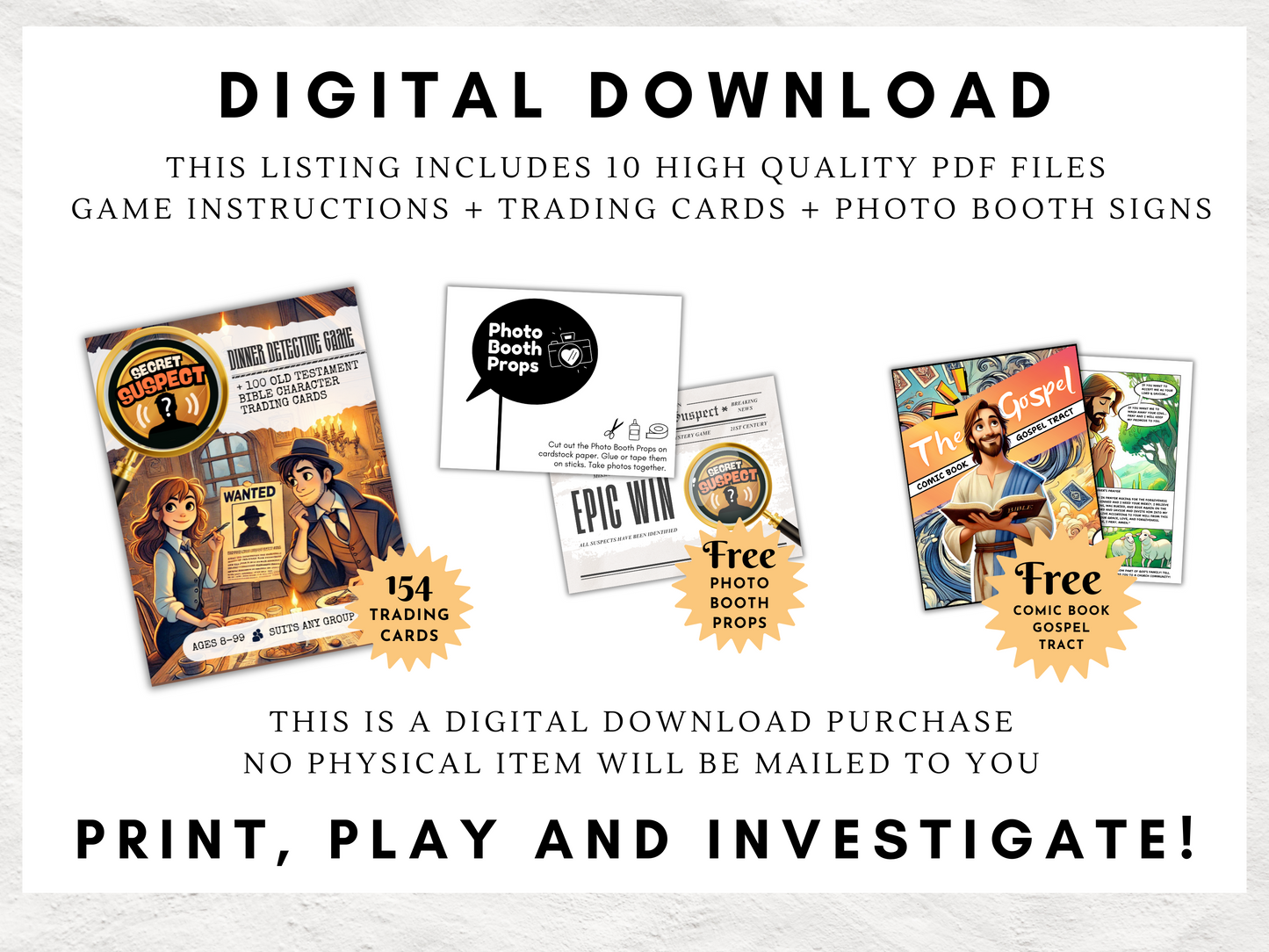 Secret Suspect: A Printable Bible Mystery Dinner Game | Old Testament Detective Game | 100 Bible Character Trading Cards | Bible Themed Game