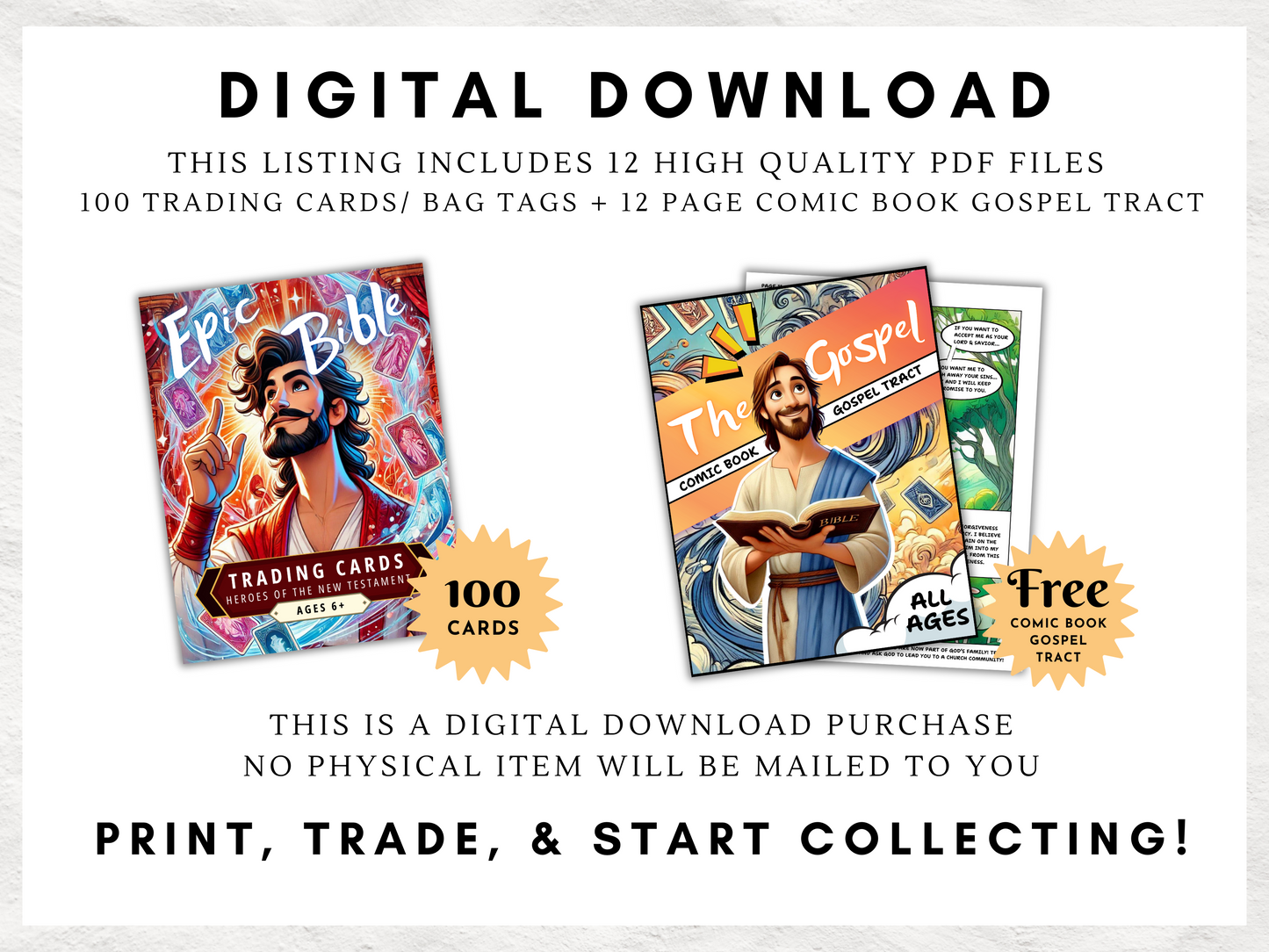 100 Printable Bible Trading Cards | New Testament Character Collection | Christian Sunday School Teaching Aid and Reward | Bag Tags | Gospel