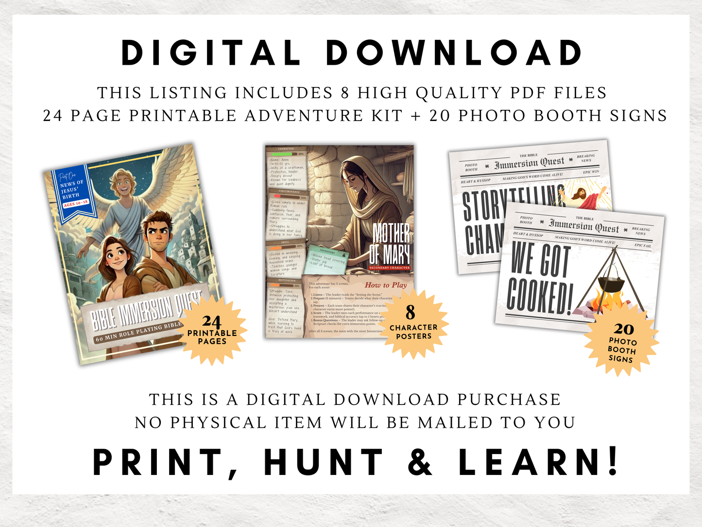 Bible Immersion Quest: News of Jesus’ Birth | Printable Christian Role-Playing Lesson & Game + 20 Photo Booth Signs | Ages 10–18
