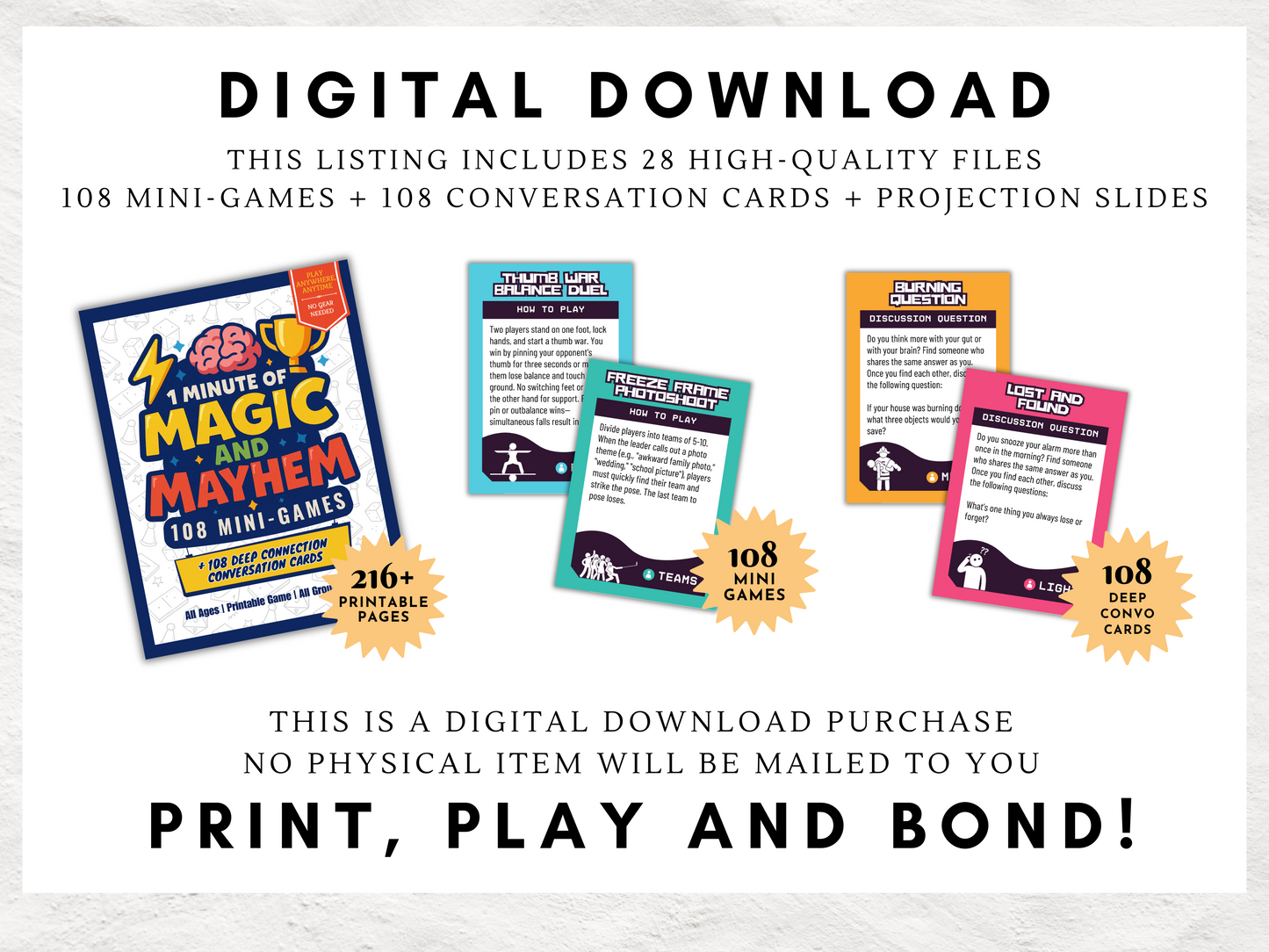 One Minute of Magic and Mayhem | 108 Printable Mini Games + 108 Conversation Cards | All Ages Icebreaker and Team Builder Games | Zero-Prep