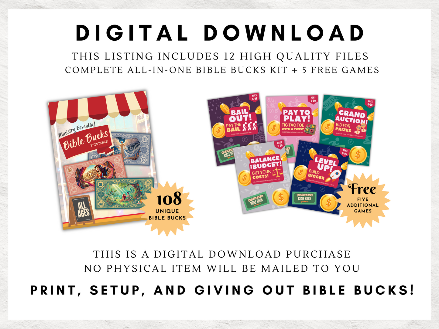 Printable Bible Bucks Bundle - 108 Unique Bible-Themed Rewards with QR Code Gospel Edition, Scrabble Games & Printable Envelopes, All Ages