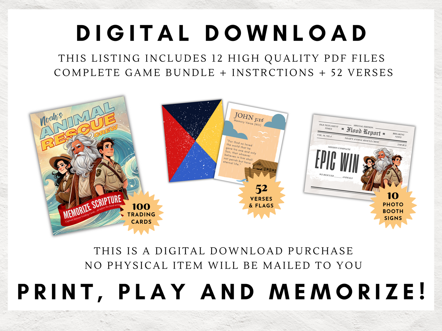 Bible Verse Memorization Game for Sunday School | Christian Kids Educational Game with Animal Trading Cards, Posters, and Photobooth Signs