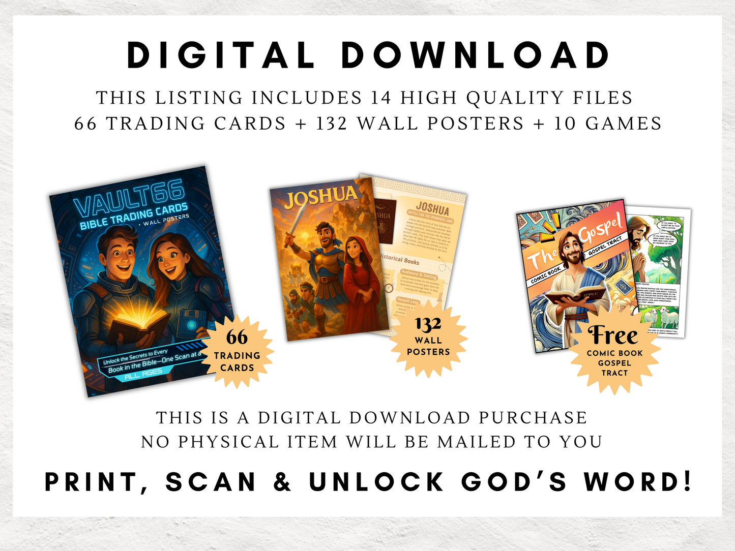 Vault66 Bible Trading Cards & Posters Bundle | 66 Book Set | Bible Overview Printables + Games | Kids + Teen Christian Classroom Resource