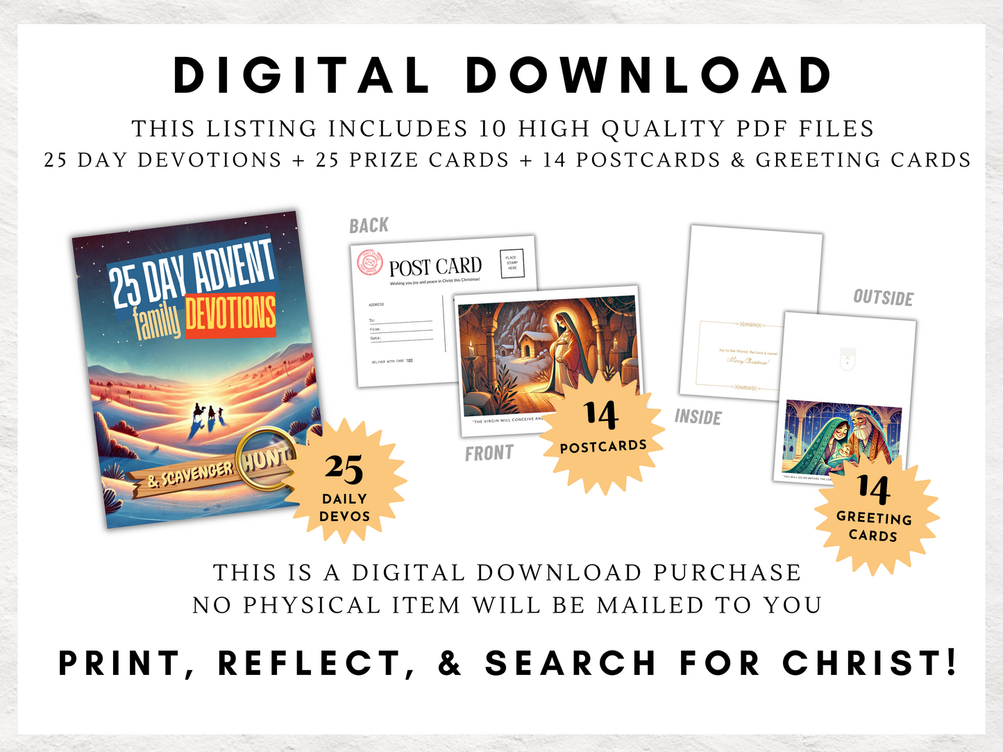 25-Day Christian Advent Devotional Kit | Family Christmas Countdown with Scavenger Hunt, Bible Trading Cards | Greeting Cards | Postcards