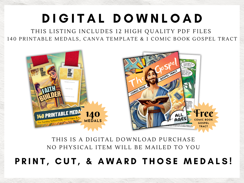 140 Unique Printable Medals for Sunday School Students, Volunteers & Parents | Bible-Inspired Awards for Ministry | Canva Template Included