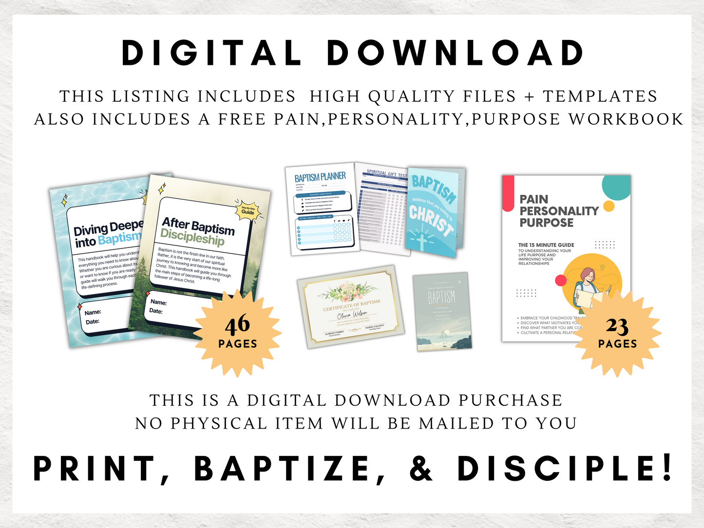 Christian Baptism and Discipleship Guide and Toolkit | Editable Certificate, Card, Invitations | Spiritual Gift Test + Baptism Planner