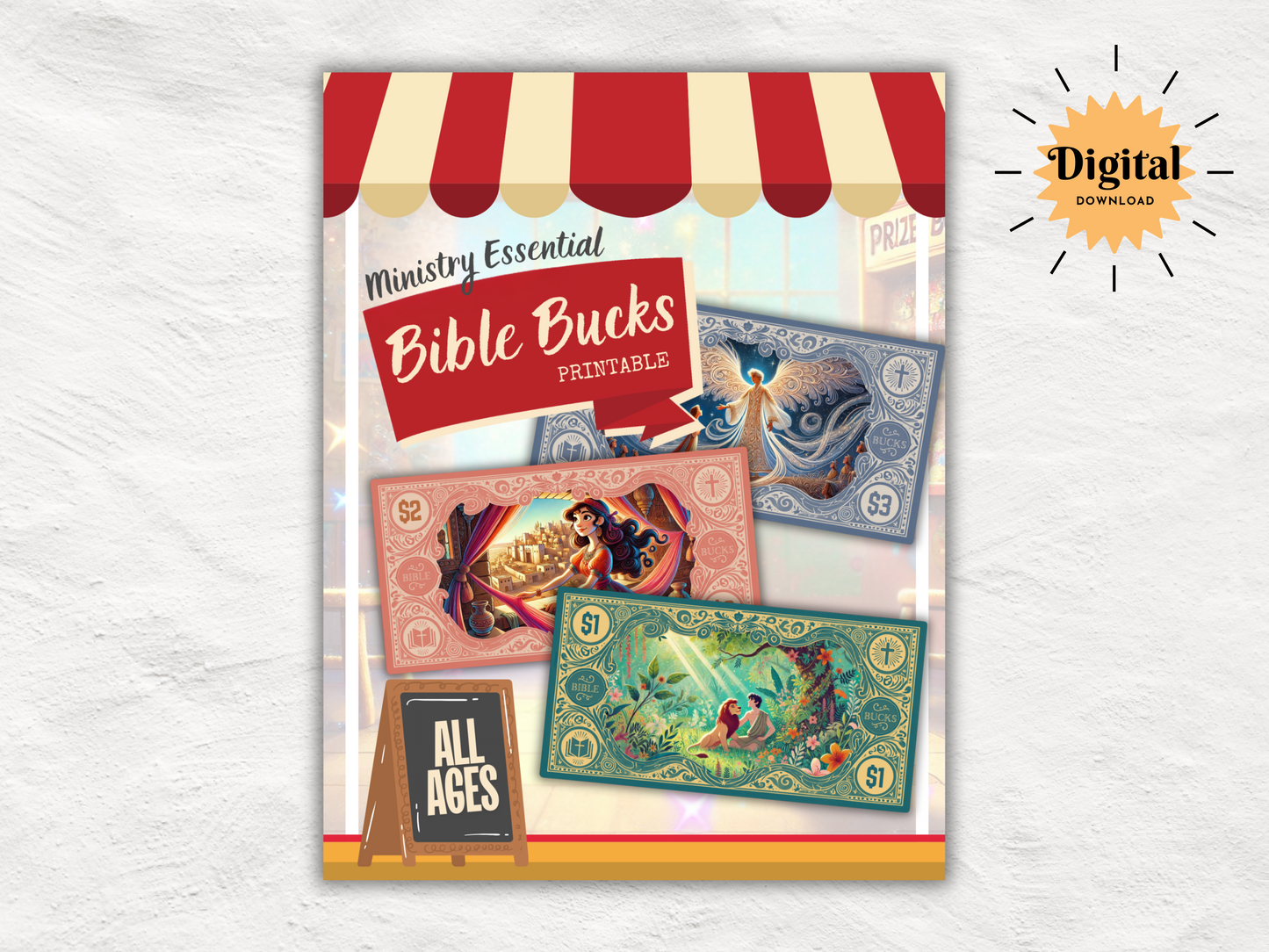 Printable Bible Bucks Bundle - 108 Unique Bible-Themed Rewards with QR Code Gospel Edition, Scrabble Games & Printable Envelopes, All Ages