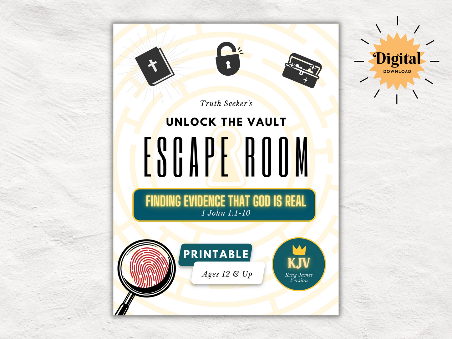 KJV Bible Study Escape Room Game | 1 John | Finding Evidence that God is Real | Church Printable Kit for Teens & Adults | Youth Group Game
