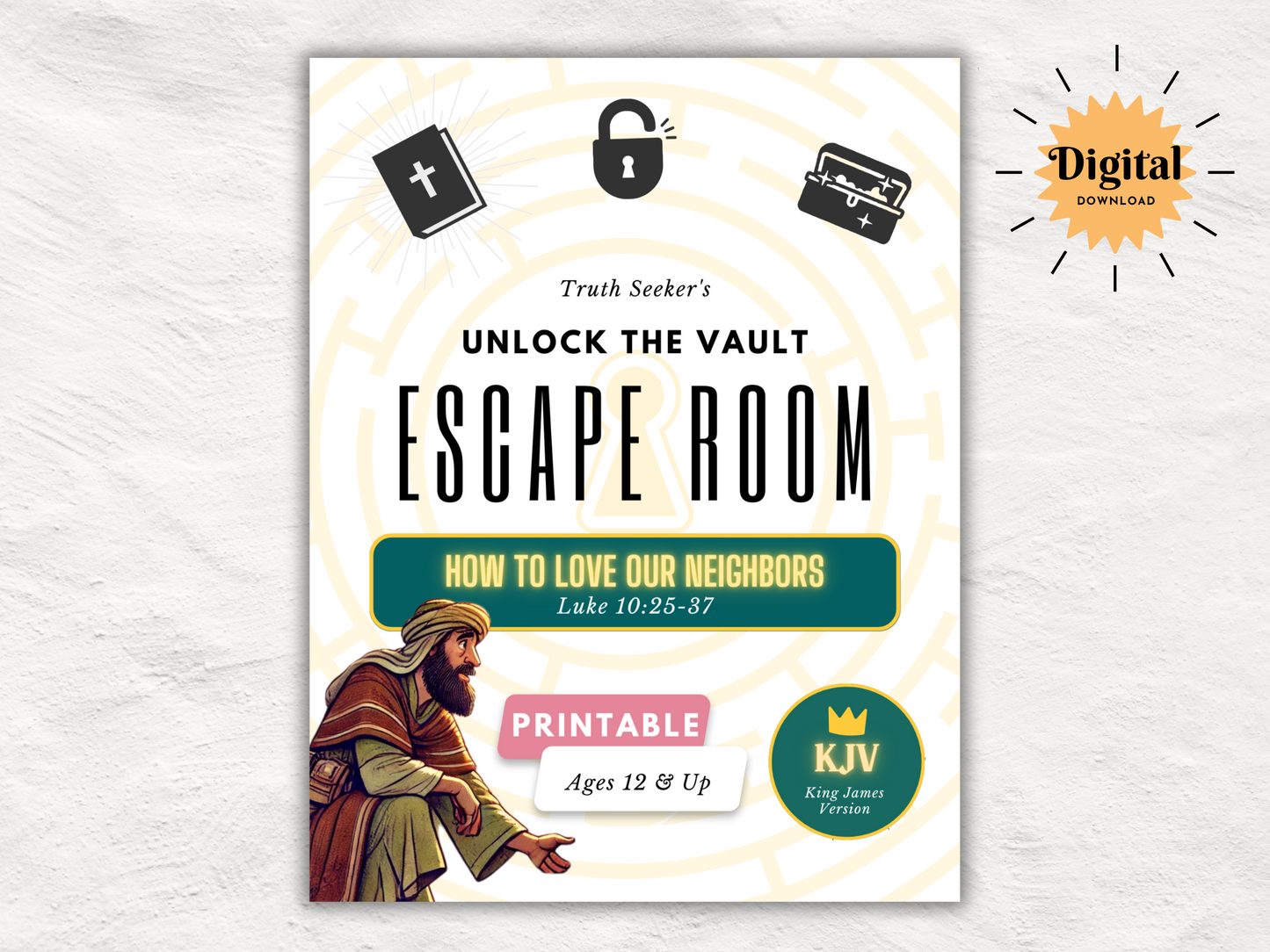 KJV | Bible Study Escape Room Kit – Love Your Neighbor (Luke 10:25-37) | Printable Youth Group Game | Digital Download | Teens Church Game