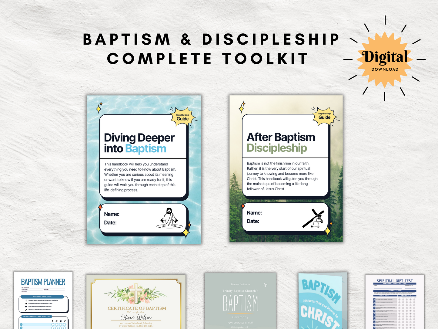 Christian Baptism and Discipleship Guide and Toolkit | Editable Certificate, Card, Invitations | Spiritual Gift Test + Baptism Planner