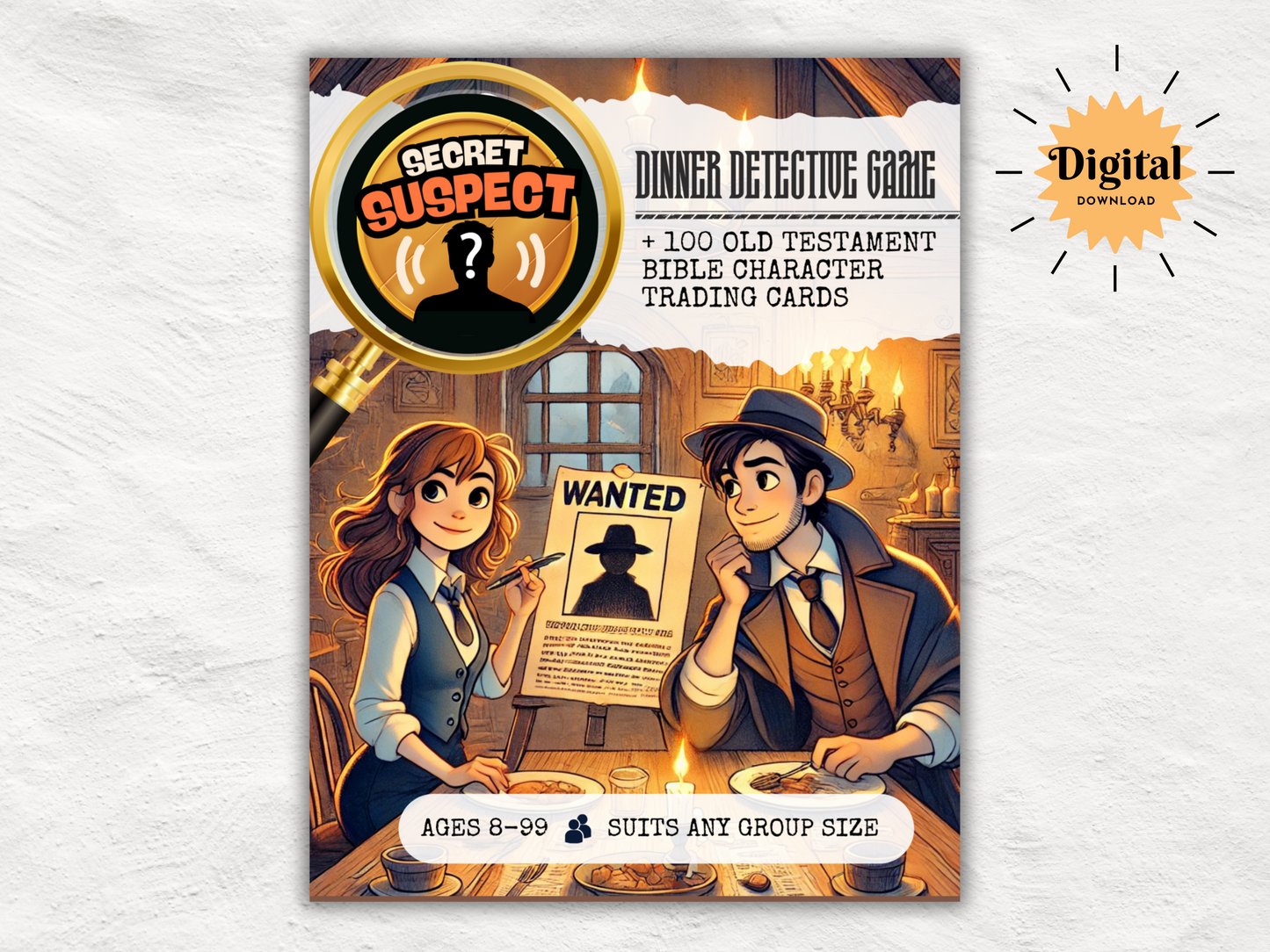 Secret Suspect: A Printable Bible Mystery Dinner Game | Old Testament Detective Game | 100 Bible Character Trading Cards | Bible Themed Game