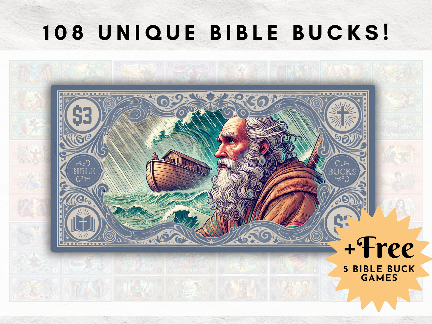 Printable Bible Bucks Bundle - 108 Unique Bible-Themed Rewards with QR Code Gospel Edition, Scrabble Games & Printable Envelopes, All Ages
