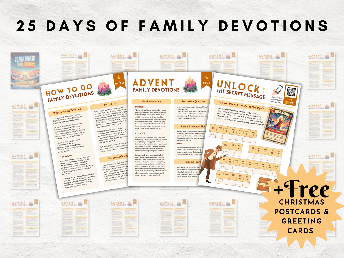 25-Day Christian Advent Devotional Kit | Family Christmas Countdown with Scavenger Hunt, Bible Trading Cards | Greeting Cards | Postcards
