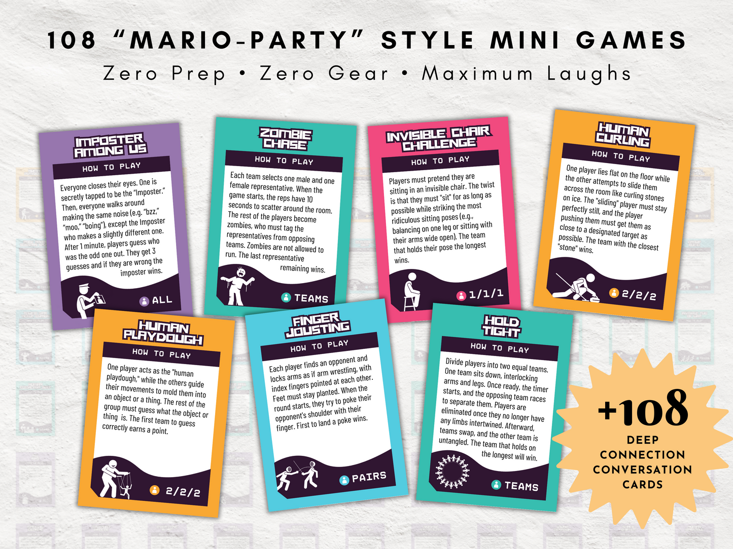 One Minute of Magic and Mayhem | 108 Printable Mini Games + 108 Conversation Cards | All Ages Icebreaker and Team Builder Games | Zero-Prep