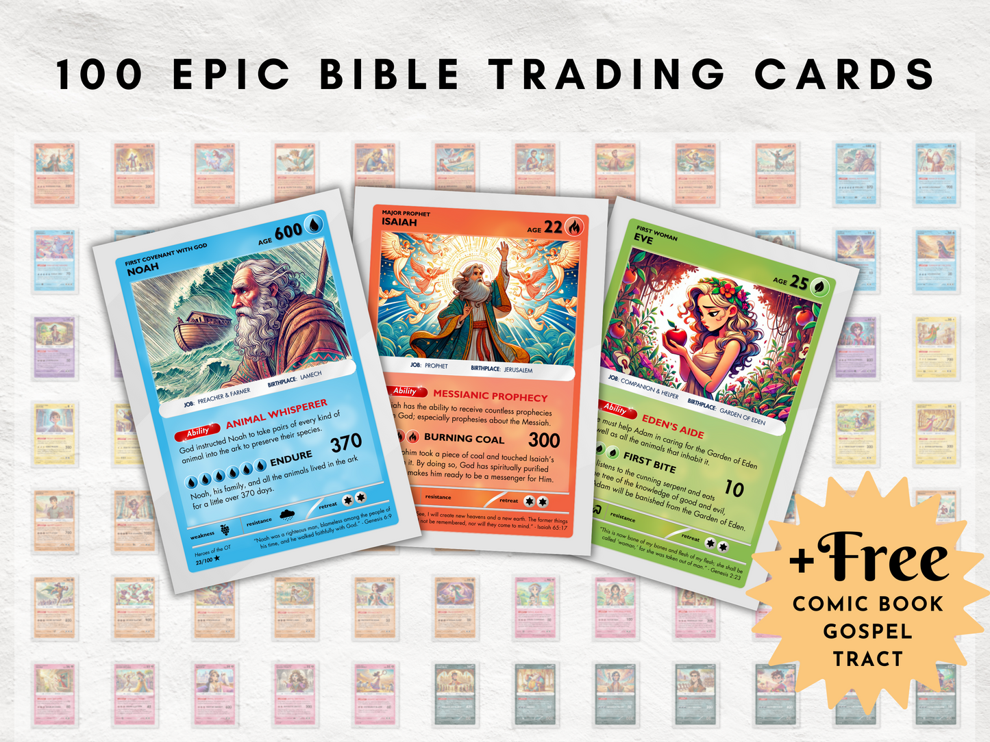 100 Printable Bible Trading Cards | Old Testament Character Collection | Christian Sunday School Teaching Aid and Reward | Bag Tags | Gospel