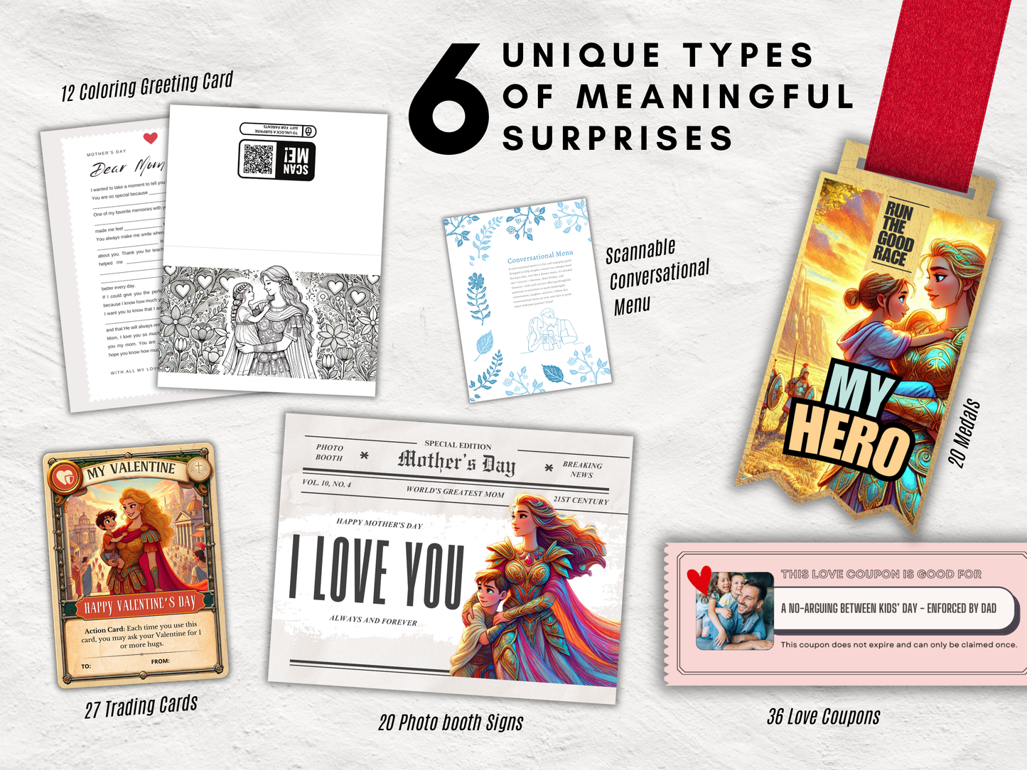 Ultimate Mother's Day Appreciation Bundle - 6 Unique Printable Gifts from Kids to Mothers, Coloring Cards, Love Coupons, Medals & More