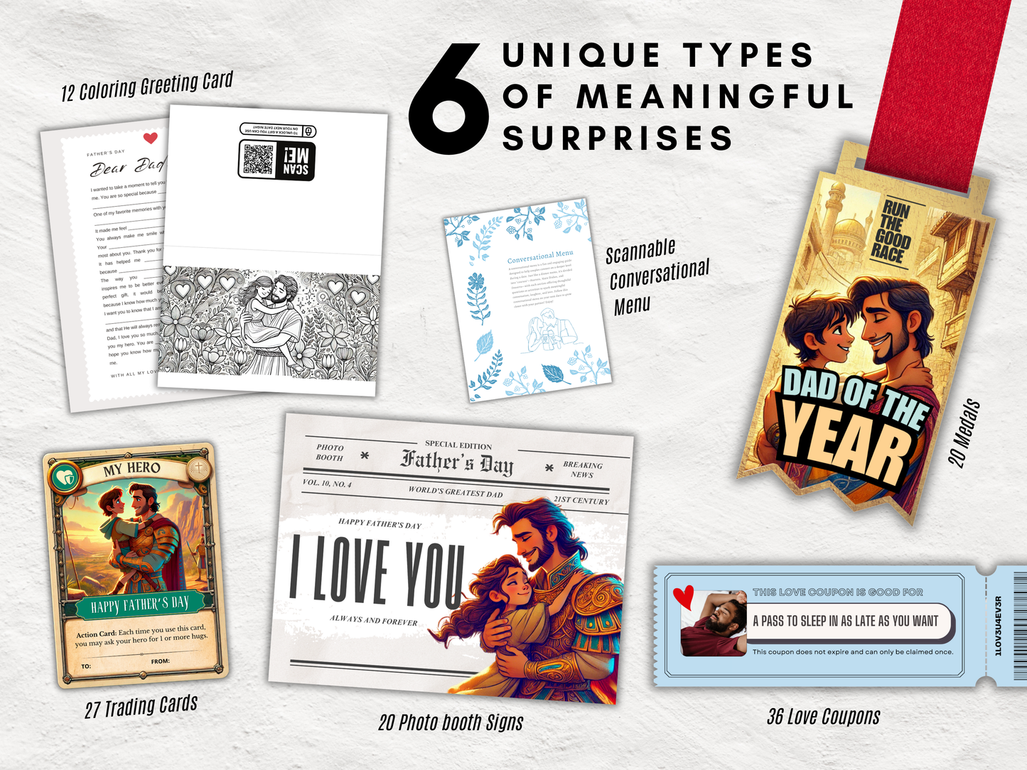 Ultimate Father's Day Appreciation Bundle - 6 Unique Printable Gifts from Kids to Fathers, Coloring Cards, Love Coupons, Medals & More