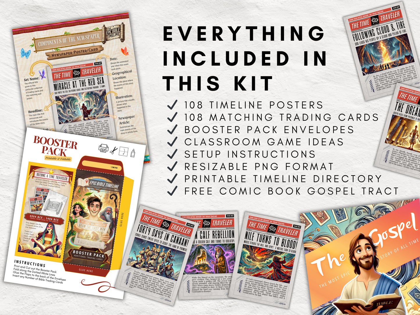 The Epic Bible Timeline Bundle | 108 Bible Story Posters + Trading Cards | Printable Bible Activities for Kids | Sunday School | VBS