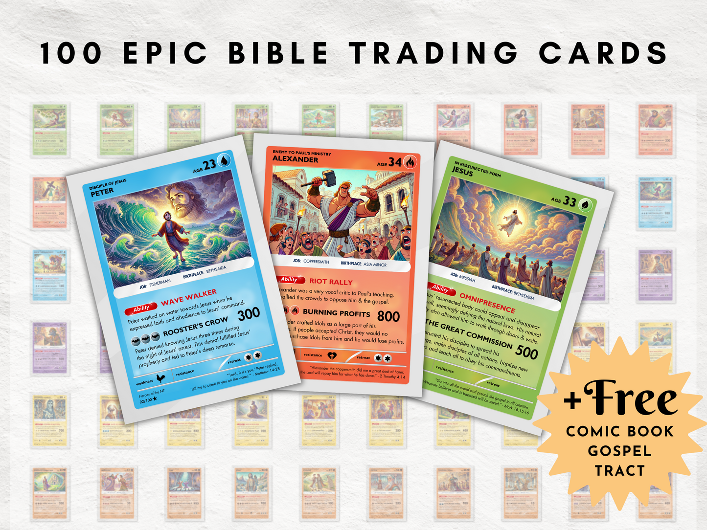 100 Printable Bible Trading Cards | New Testament Character Collection | Christian Sunday School Teaching Aid and Reward | Bag Tags | Gospel