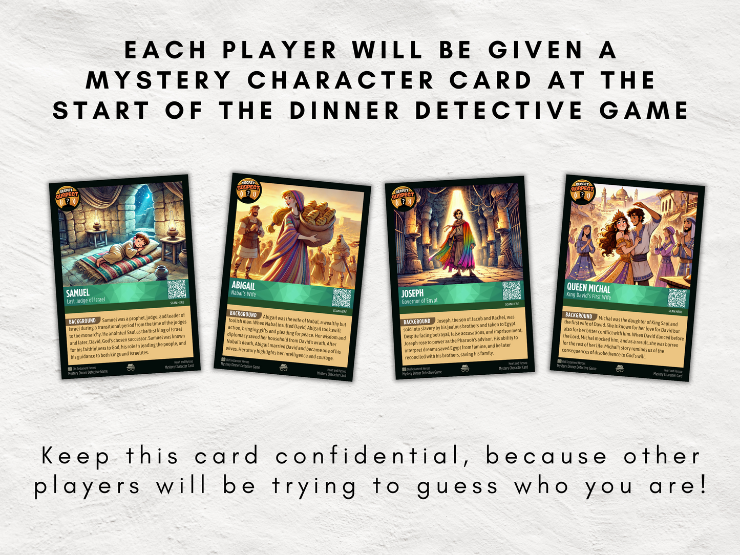 Secret Suspect: A Printable Bible Mystery Dinner Game | Old Testament Detective Game | 100 Bible Character Trading Cards | Bible Themed Game