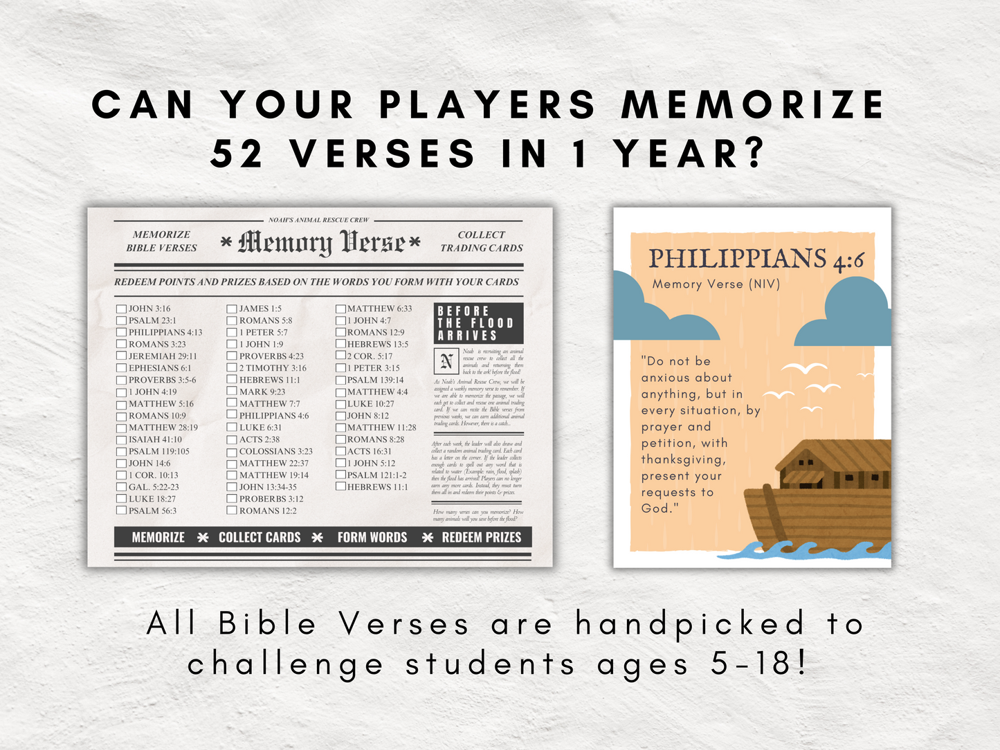 Bible Verse Memorization Game for Sunday School | Christian Kids Educational Game with Animal Trading Cards, Posters, and Photobooth Signs