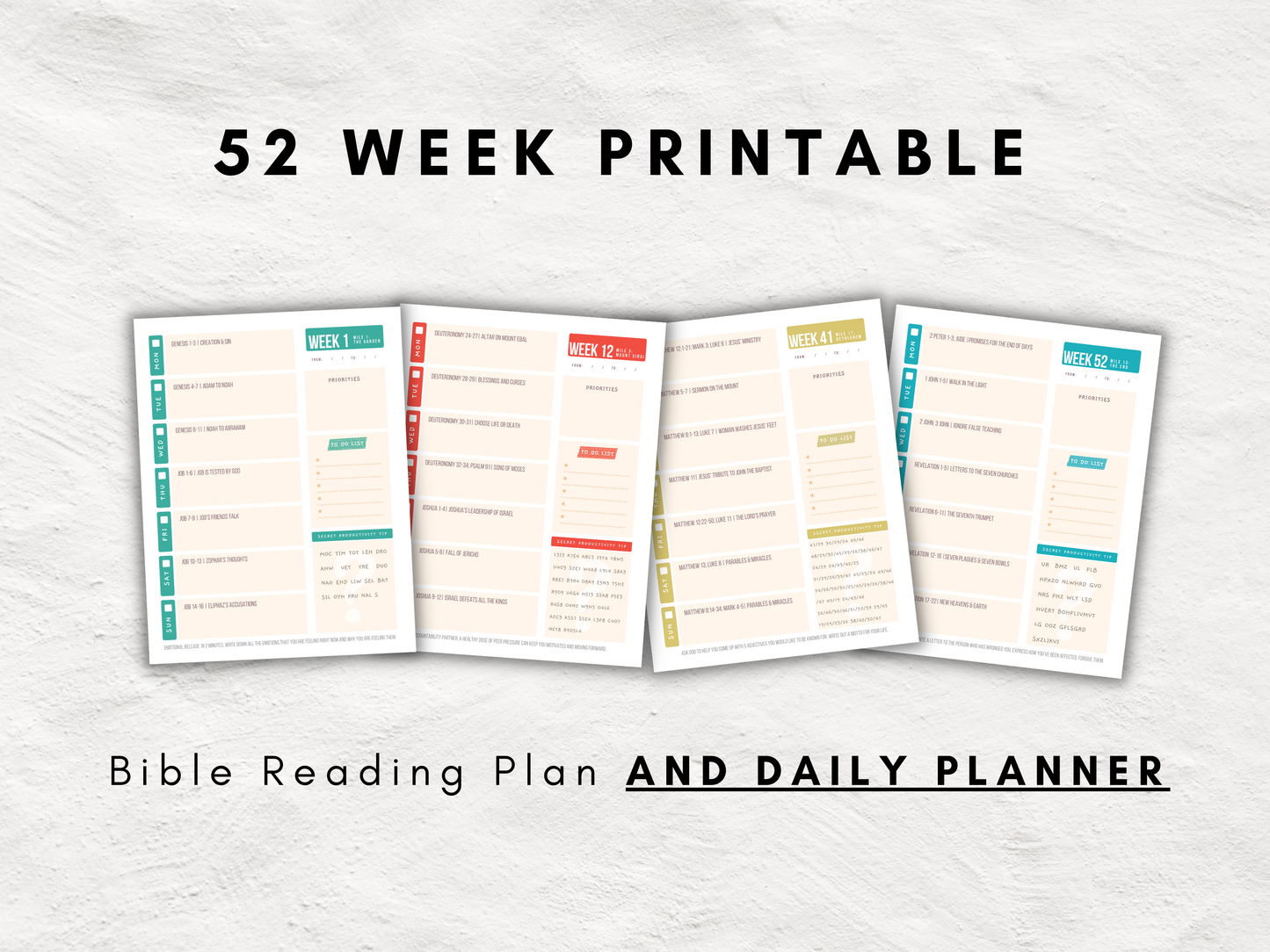 52 Week Bible Reading Plan and Planner | Read the Bible in 1 Year | Decode Scripture Inspired Productivity Tips | Weekly Printable Rewards