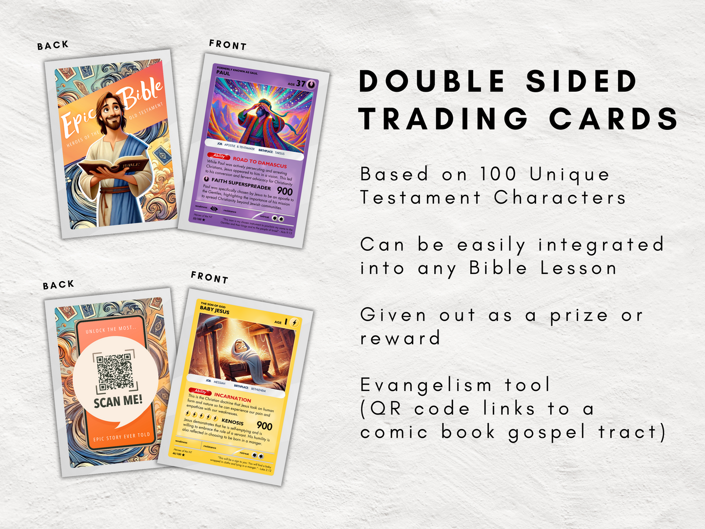 100 Printable Bible Trading Cards | New Testament Character Collection | Christian Sunday School Teaching Aid and Reward | Bag Tags | Gospel