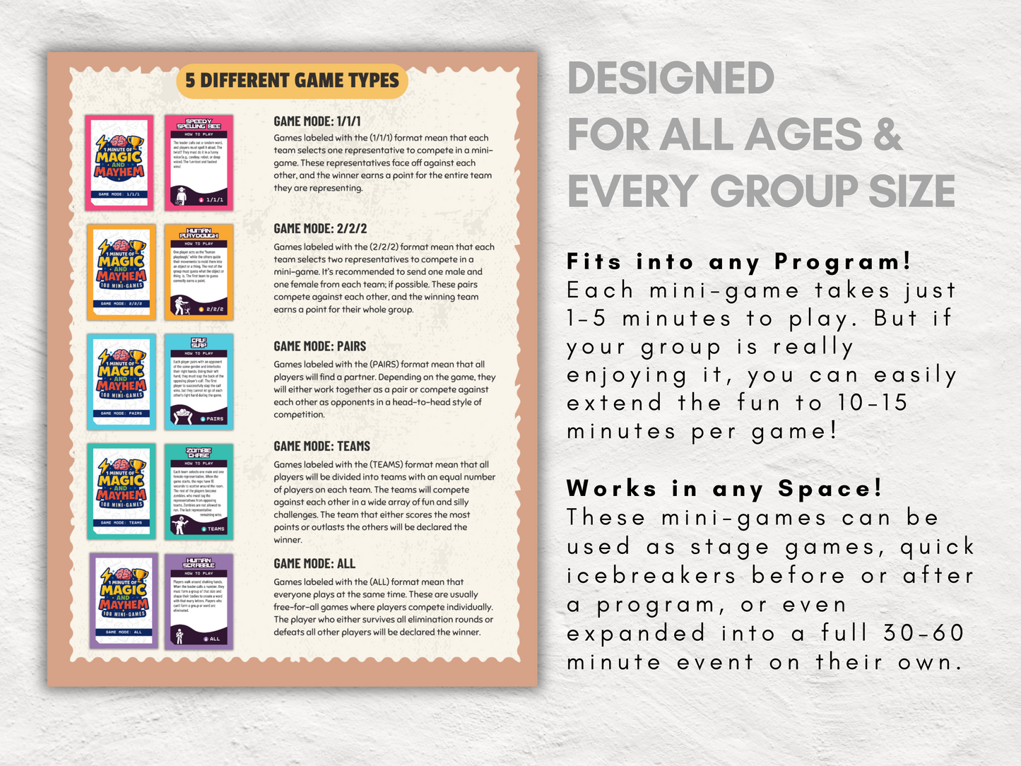 One Minute of Magic and Mayhem | 108 Printable Mini Games + 108 Conversation Cards | All Ages Icebreaker and Team Builder Games | Zero-Prep