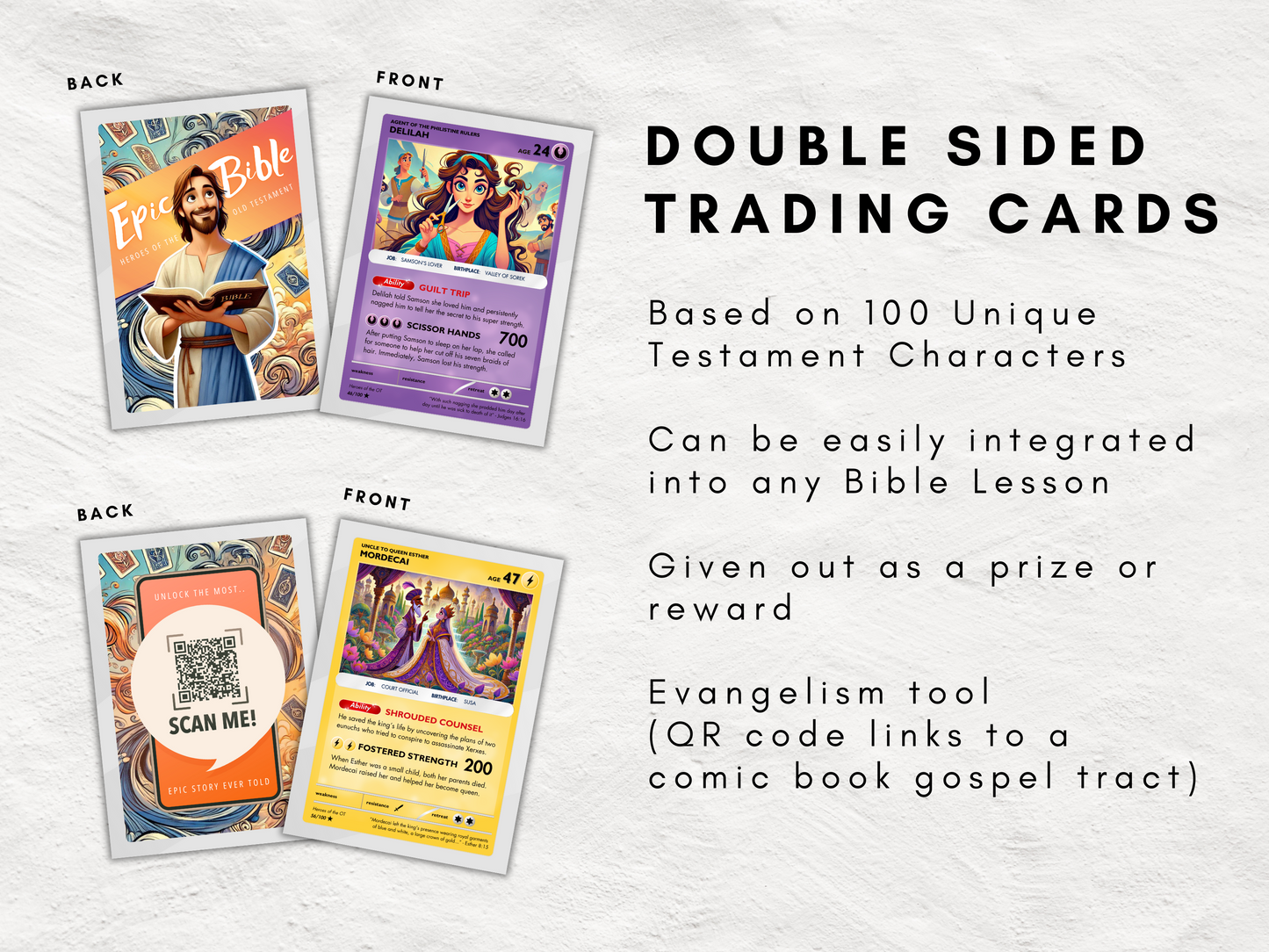 100 Printable Bible Trading Cards | Old Testament Character Collection | Christian Sunday School Teaching Aid and Reward | Bag Tags | Gospel