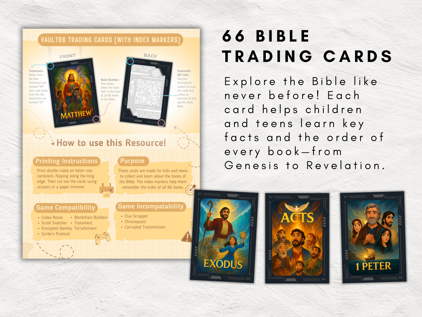 Vault66 Bible Trading Cards & Posters Bundle | 66 Book Set | Bible Overview Printables + Games | Kids + Teen Christian Classroom Resource