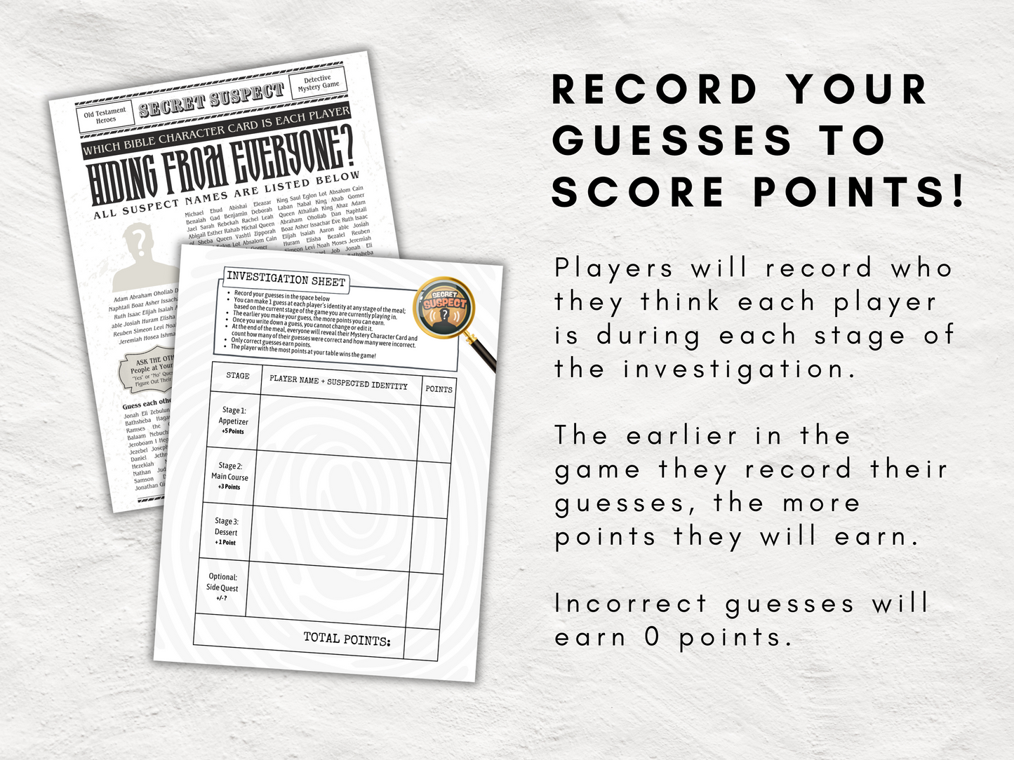 Secret Suspect: A Printable Bible Mystery Dinner Game | Old Testament Detective Game | 100 Bible Character Trading Cards | Bible Themed Game