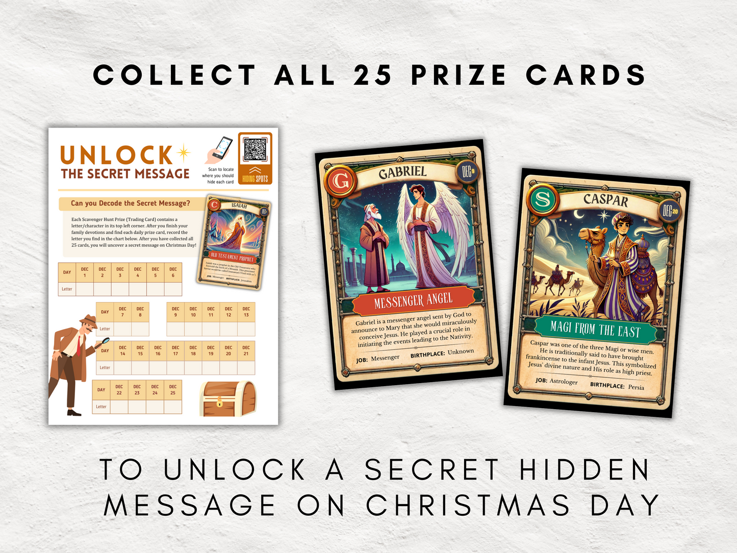 25-Day Christian Advent Devotional Kit | Family Christmas Countdown with Scavenger Hunt, Bible Trading Cards | Greeting Cards | Postcards