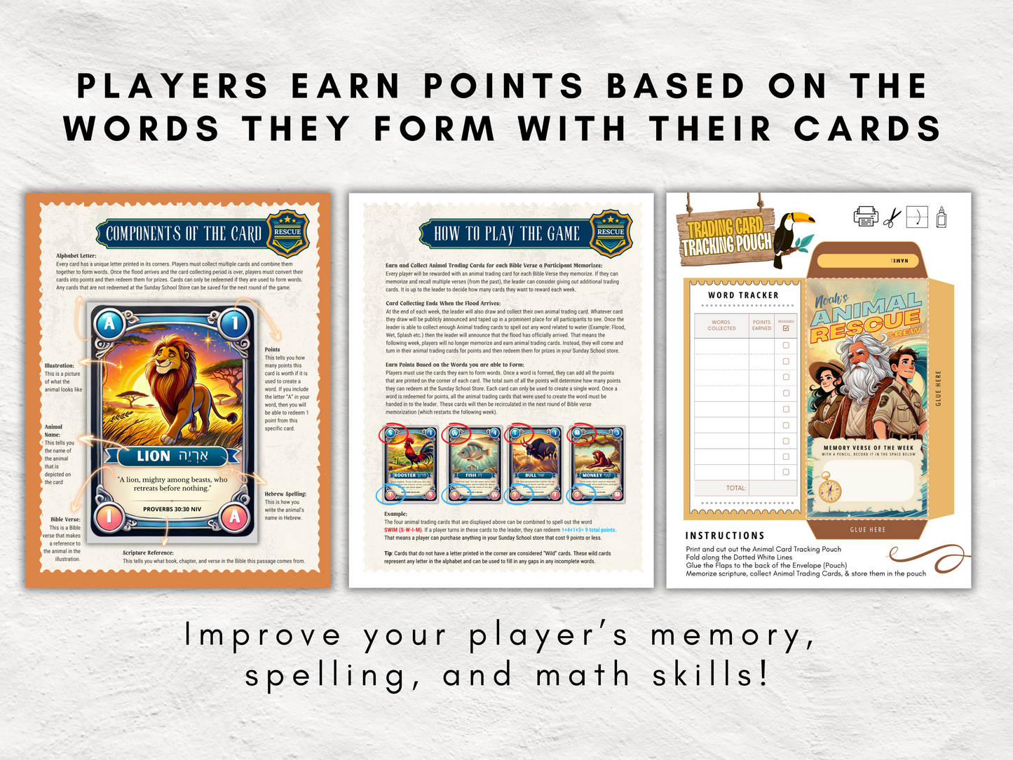 Bible Verse Memorization Game for Sunday School | Christian Kids Educational Game with Animal Trading Cards, Posters, and Photobooth Signs