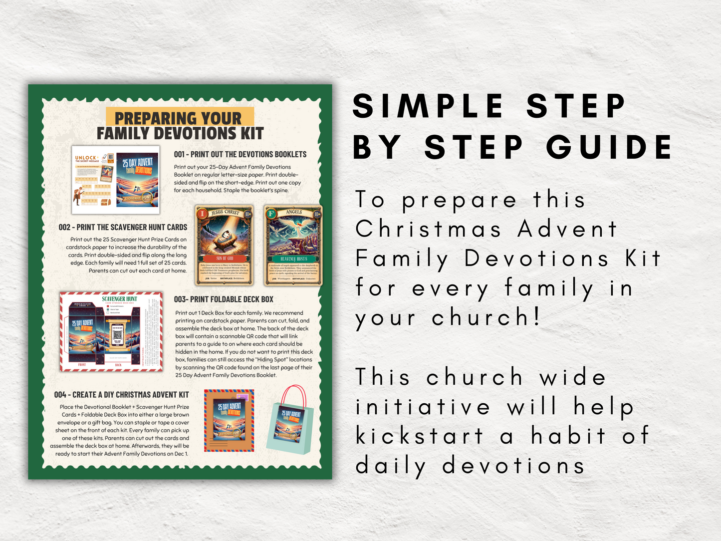25-Day Christian Advent Devotional Kit | Family Christmas Countdown with Scavenger Hunt, Bible Trading Cards | Greeting Cards | Postcards