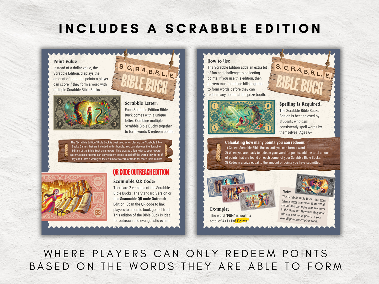 Printable Bible Bucks Bundle - 108 Unique Bible-Themed Rewards with QR Code Gospel Edition, Scrabble Games & Printable Envelopes, All Ages