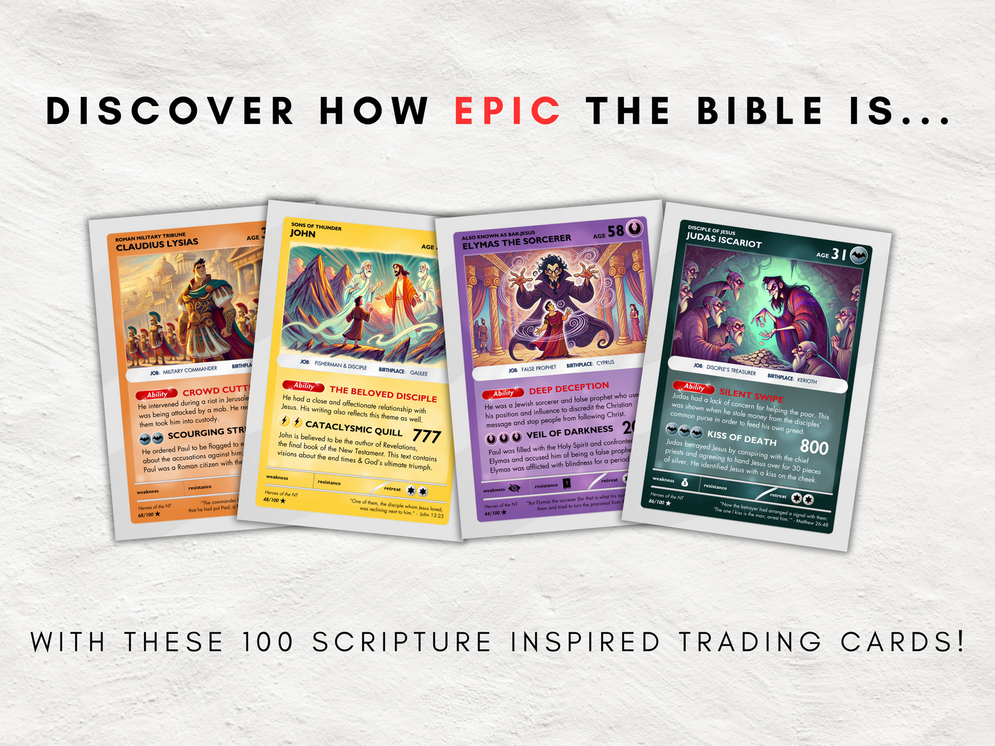 100 Printable Bible Trading Cards | New Testament Character Collection | Christian Sunday School Teaching Aid and Reward | Bag Tags | Gospel