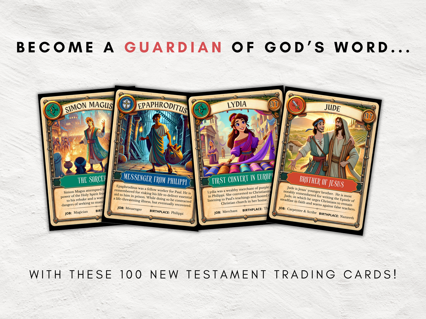 100 Printable Bible Trading Cards | Guardians of God's Word | New Testament | Christian Sunday School Reward & Collectable Game | All Ages