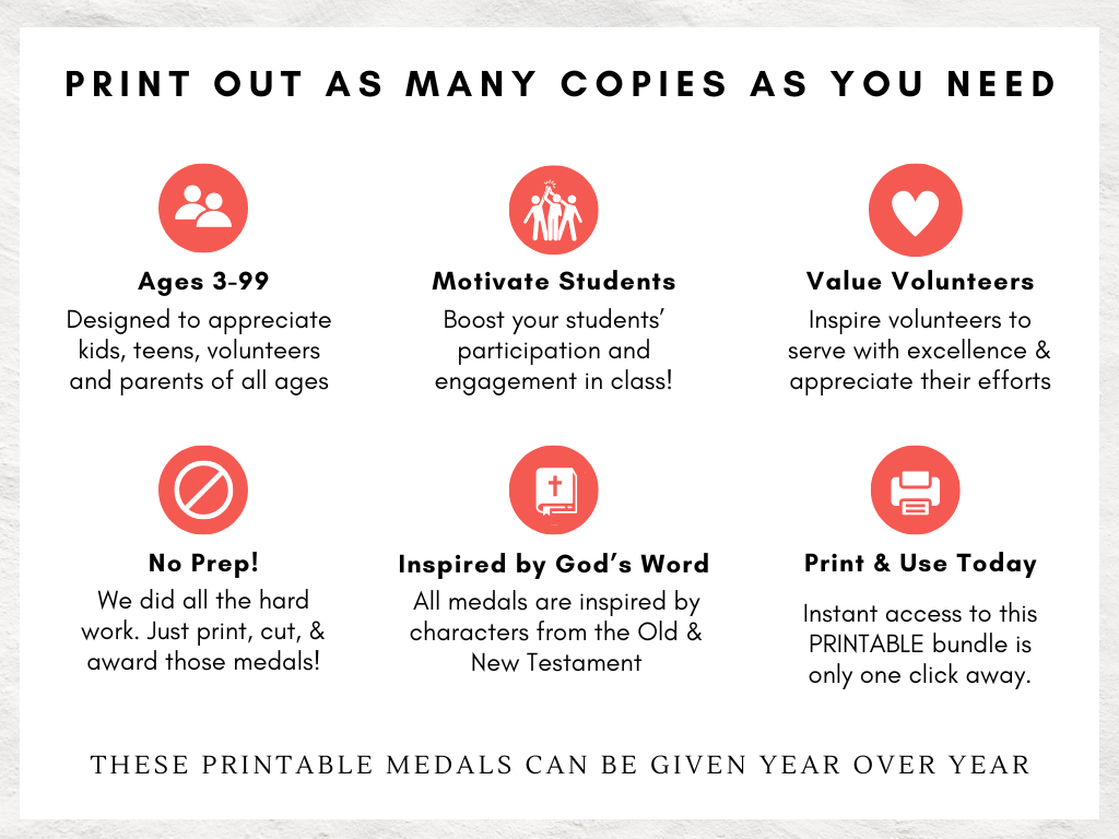 140 Unique Printable Medals for Sunday School Students, Volunteers & Parents | Bible-Inspired Awards for Ministry | Canva Template Included