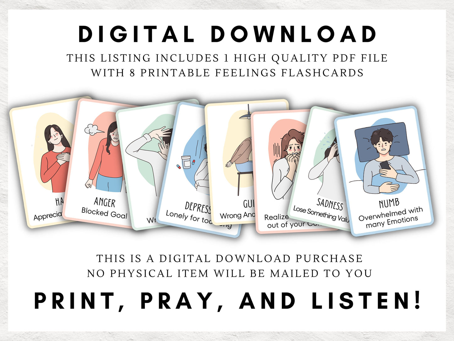 Printable Emotions Flash Cards | Learn the Feelings | Therapy Journal Cards| INSTANT DOWNLOAD | Printable PDF