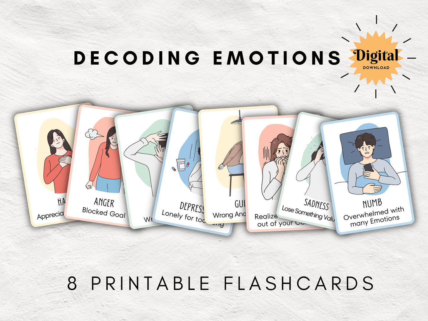 Printable Emotions Flash Cards | Learn the Feelings | Therapy Journal Cards| INSTANT DOWNLOAD | Printable PDF