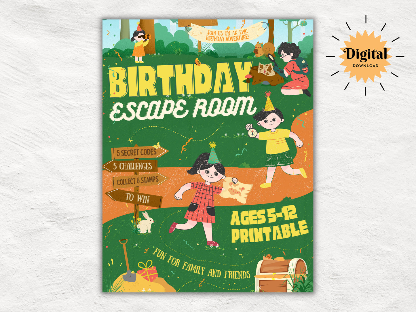 Epic Birthday Quest - DIY Printable Treasure Hunt Game for Kids | Secret Code and Puzzle Game | Children's Birthday Party Escape Room Kit