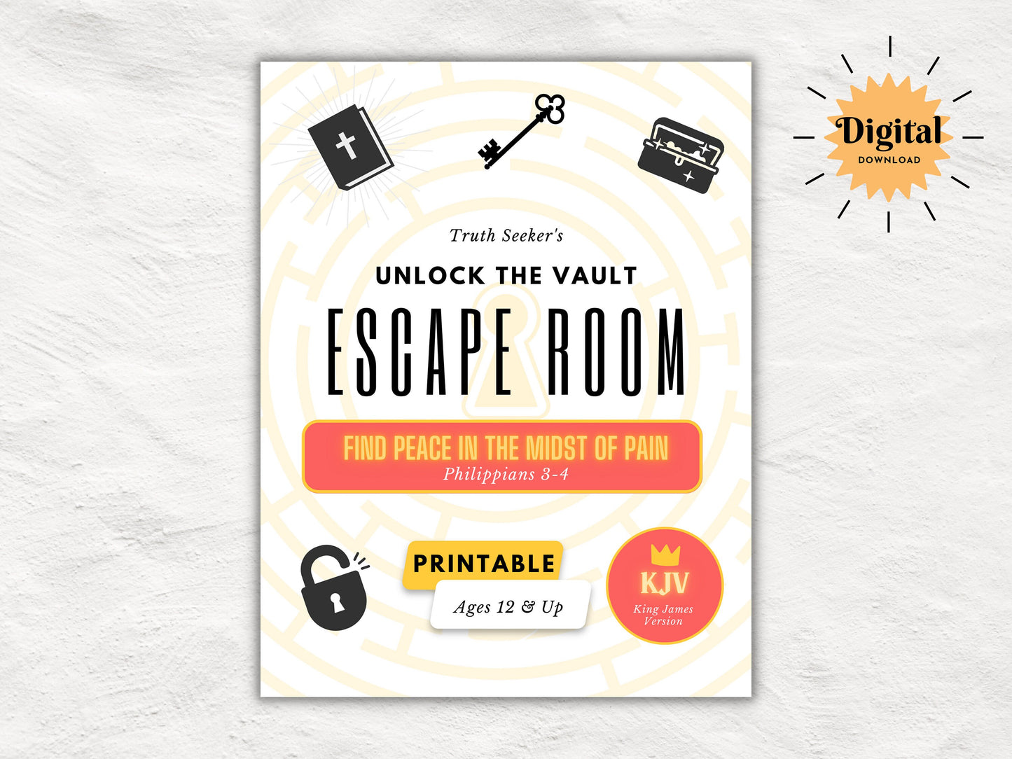 KJV Bible Study Escape Room Game | Philippians 3-4 | Fun Escape Room Printable Kit for Teens & Adults | Youth Group Game | Unlock the Vault