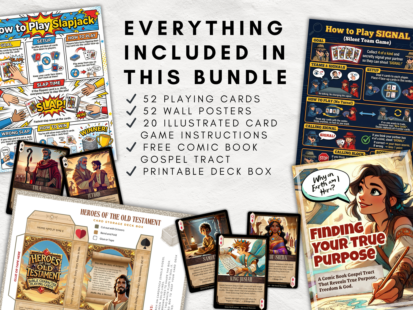 Heroes of the Old Testament Bible Character Playing Cards – Printable Deck + Posters + Game Ideas | Kids Church, Sunday School Gift