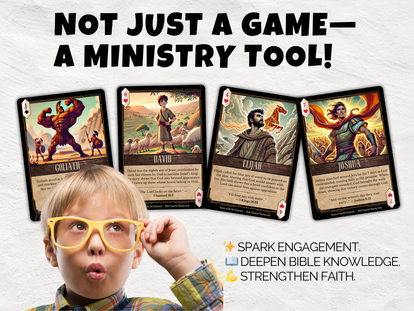 Heroes of the Old Testament Bible Character Playing Cards – Printable Deck + Posters + Game Ideas | Kids Church, Sunday School Gift